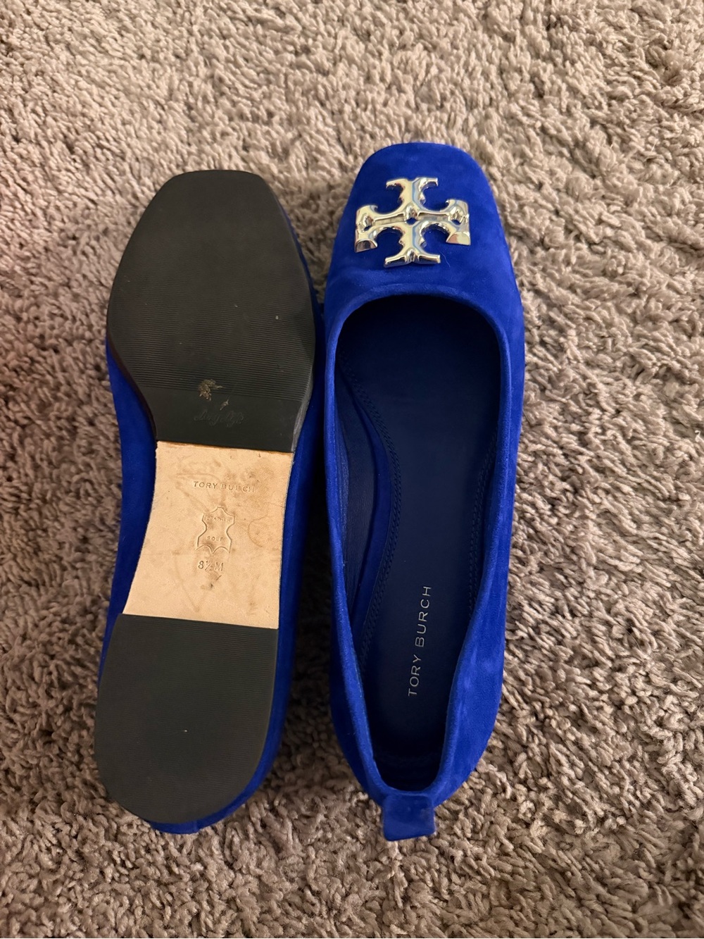 Tory Burch Cobalt Blue Suede Logo Ballet Flats - Picture 2 of 4
